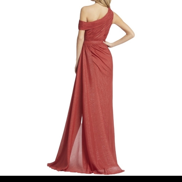 Ieena for Mac Duggal One-Shoulder Draped Gown with Thigh-Slit Crimson Red 10 - Picture 2 of 7